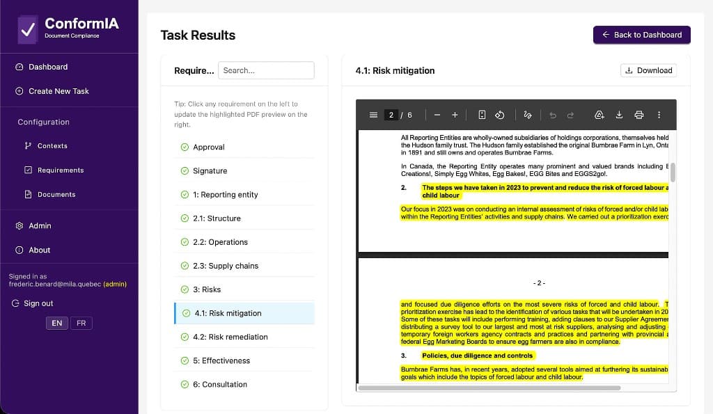 Conformia task results: requirements list with a PDF preview showing highlighted evidence for the selected risk mitigation clause.